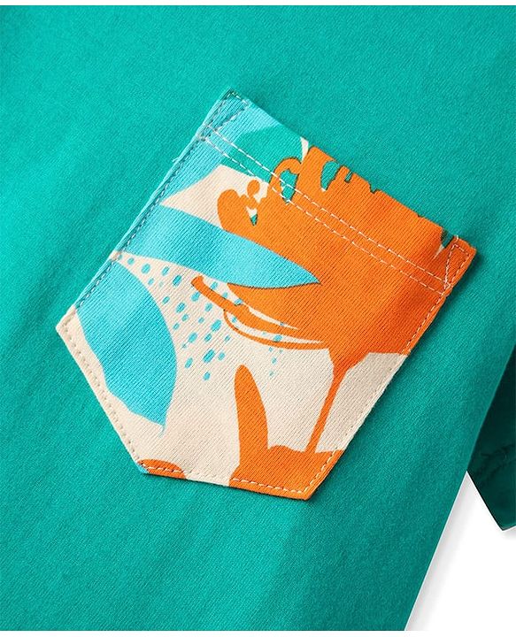 Pine Kids Single Jersey Knit Half Sleeves Shorts Night Suit With Leaf Print - Sea Green