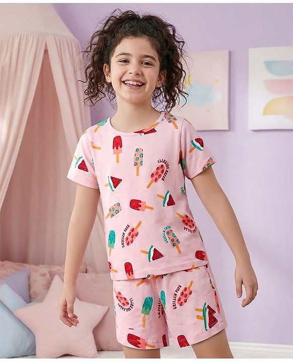 Pine Kids Single Jersey Knit Half Sleeves Shorts Co-Ord Night Suit With Fruit Print - Pink