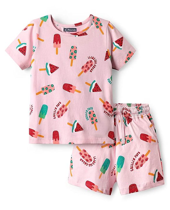Pine Kids Single Jersey Knit Half Sleeves Shorts Co-Ord Night Suit With Fruit Print - Pink