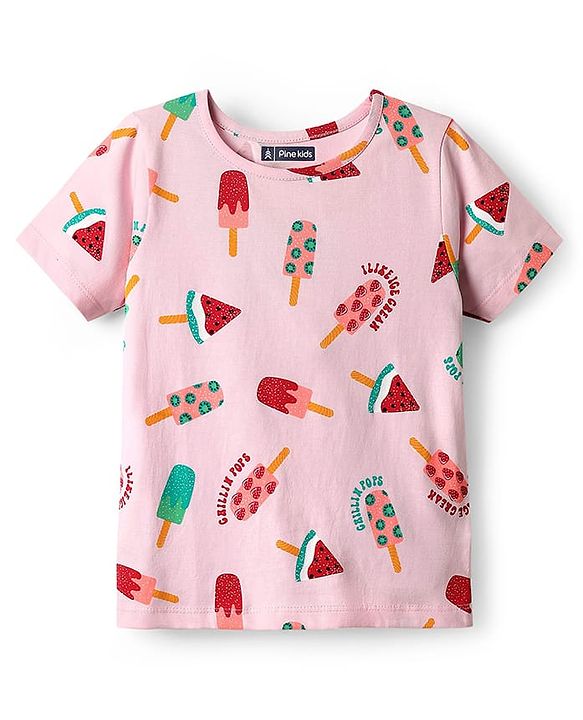 Pine Kids Single Jersey Knit Half Sleeves Shorts Co-Ord Night Suit With Fruit Print - Pink