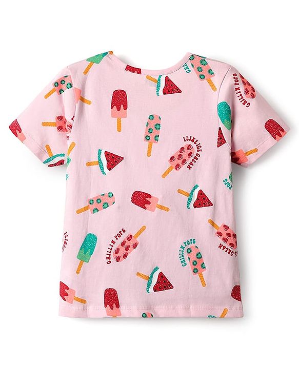 Pine Kids Single Jersey Knit Half Sleeves Shorts Co-Ord Night Suit With Fruit Print - Pink