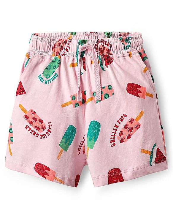Pine Kids Single Jersey Knit Half Sleeves Shorts Co-Ord Night Suit With Fruit Print - Pink
