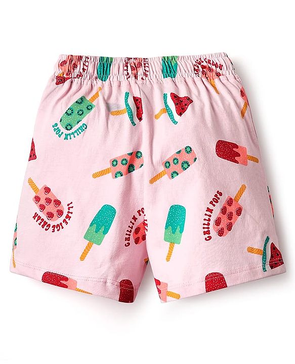Pine Kids Single Jersey Knit Half Sleeves Shorts Co-Ord Night Suit With Fruit Print - Pink
