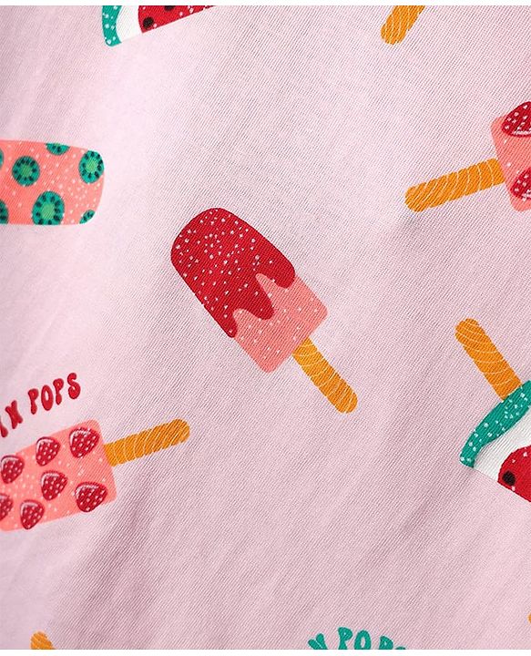 Pine Kids Single Jersey Knit Half Sleeves Shorts Co-Ord Night Suit With Fruit Print - Pink