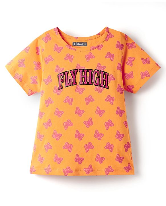 Pine Kids Single Jersey Knit Half Sleeves Co-ords Shorts Night Suit With Butterfly Print - Orange