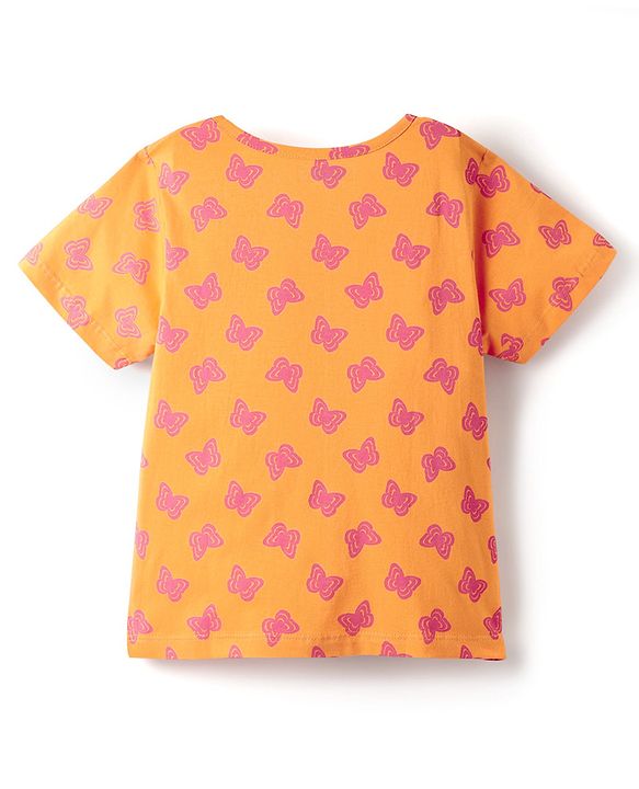 Pine Kids Single Jersey Knit Half Sleeves Co-ords Shorts Night Suit With Butterfly Print - Orange