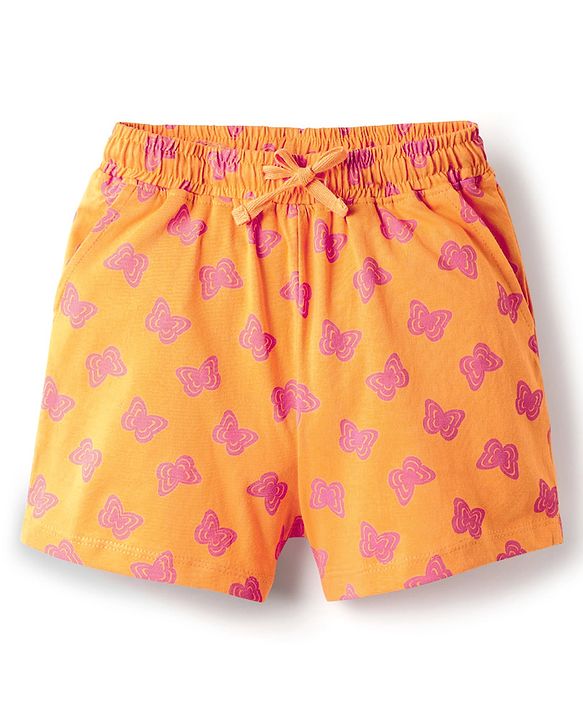 Pine Kids Single Jersey Knit Half Sleeves Co-ords Shorts Night Suit With Butterfly Print - Orange
