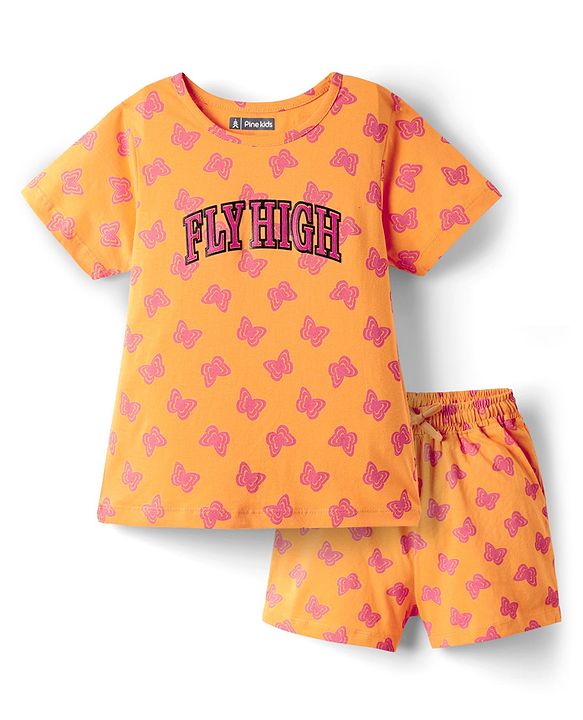 Pine Kids Single Jersey Knit Half Sleeves Co-ords Shorts Night Suit With Butterfly Print - Orange