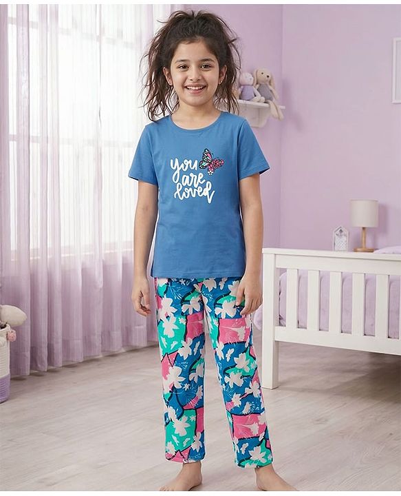 Pine Kids Cotton Knit Half Sleeves Night Suit With Text & Butterfly Print - Blue