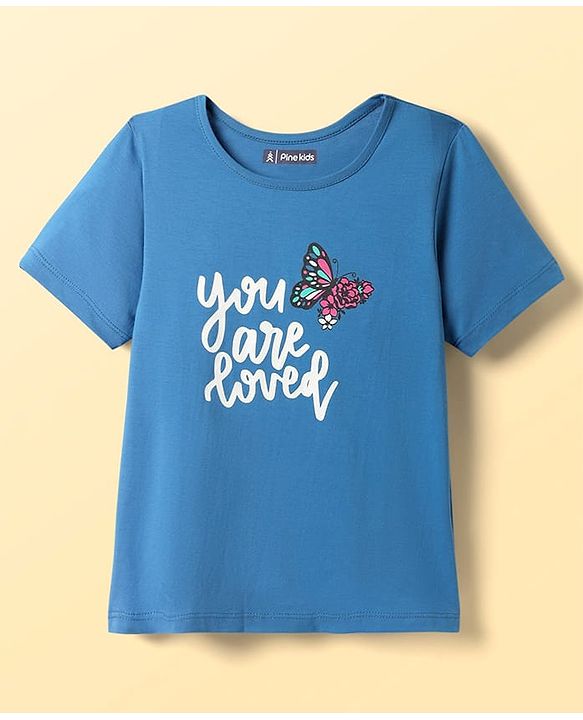 Pine Kids Cotton Knit Half Sleeves Night Suit With Text & Butterfly Print - Blue
