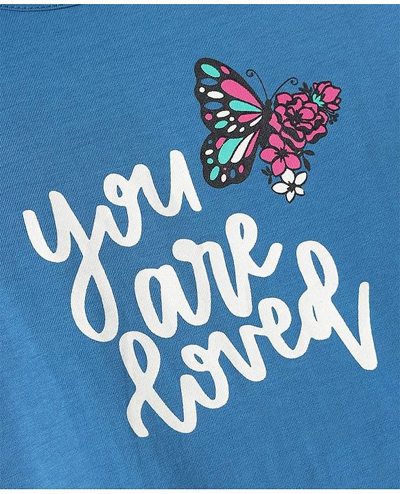 Pine Kids Cotton Knit Half Sleeves Night Suit With Text & Butterfly Print - Blue