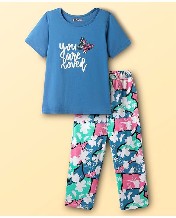 Pine Kids Cotton Knit Half Sleeves Night Suit With Text & Butterfly Print - Blue