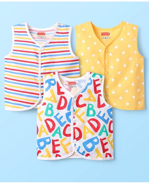 Babyhug 100% Cotton Knit Sleeveless Striped & Printed Jhablas Pack of 3 - White & Yellow