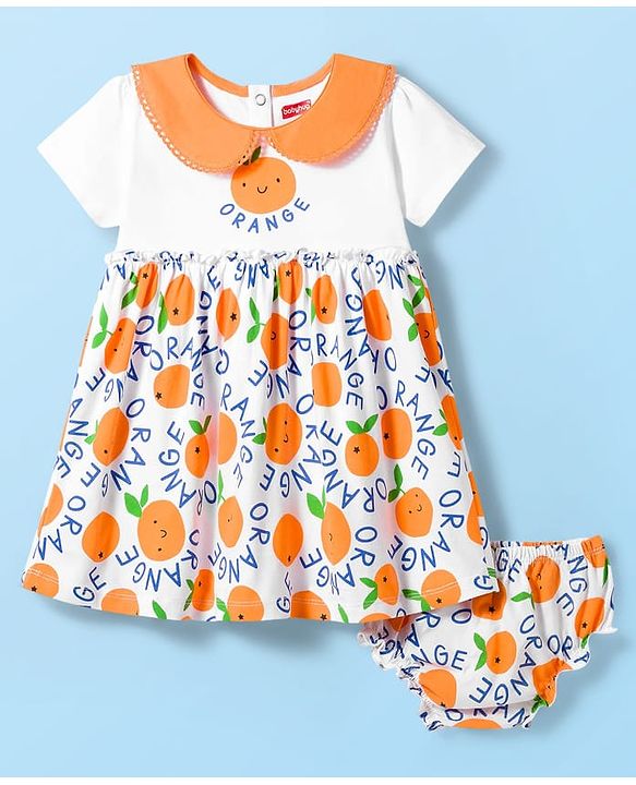 Babyhug Single Jersey Knit Half Sleeves Frock with Bloomer & Orange Print - White