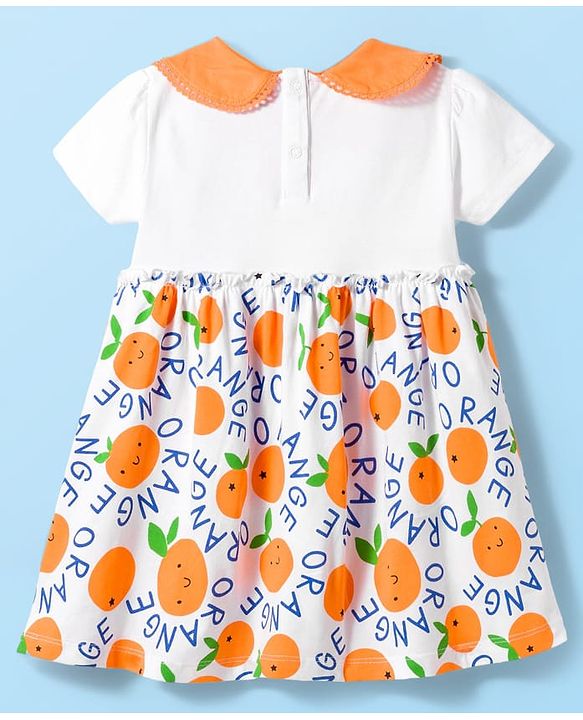 Babyhug Single Jersey Knit Half Sleeves Frock with Bloomer & Orange Print - White