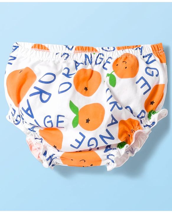 Babyhug Single Jersey Knit Half Sleeves Frock with Bloomer & Orange Print - White