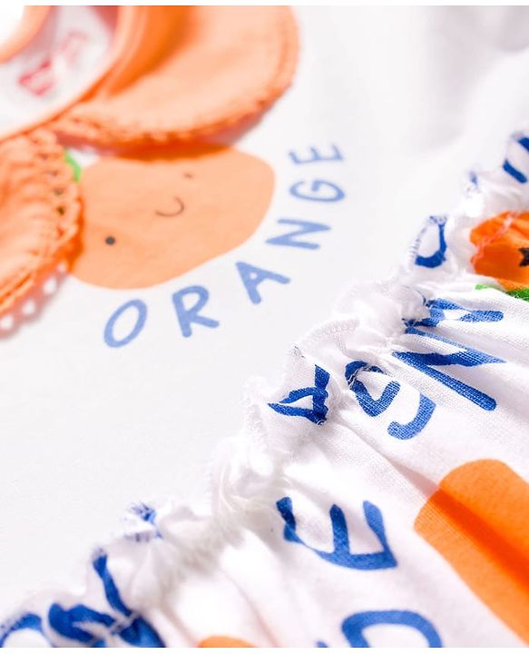 Babyhug Single Jersey Knit Half Sleeves Frock with Bloomer & Orange Print - White