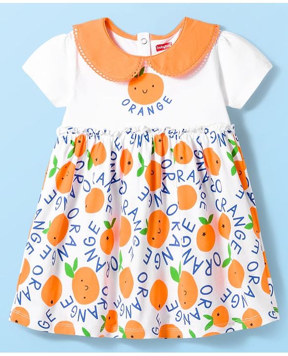 Babyhug Single Jersey Knit Half Sleeves Frock with Bloomer & Orange Print - White