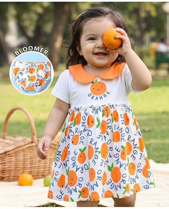 Babyhug Single Jersey Knit Half Sleeves Frock with Bloomer & Orange Print - White