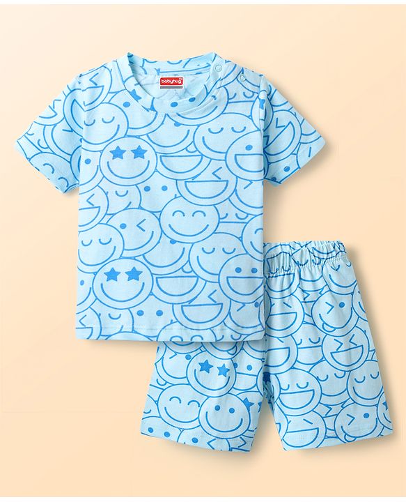 Babyhug Cotton Knit Half Sleeves Shorts Co-ord Night Suit With Smiley Print - Light Blue