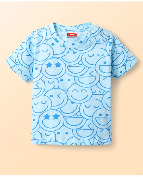 Babyhug Cotton Knit Half Sleeves Shorts Co-ord Night Suit With Smiley Print - Light Blue