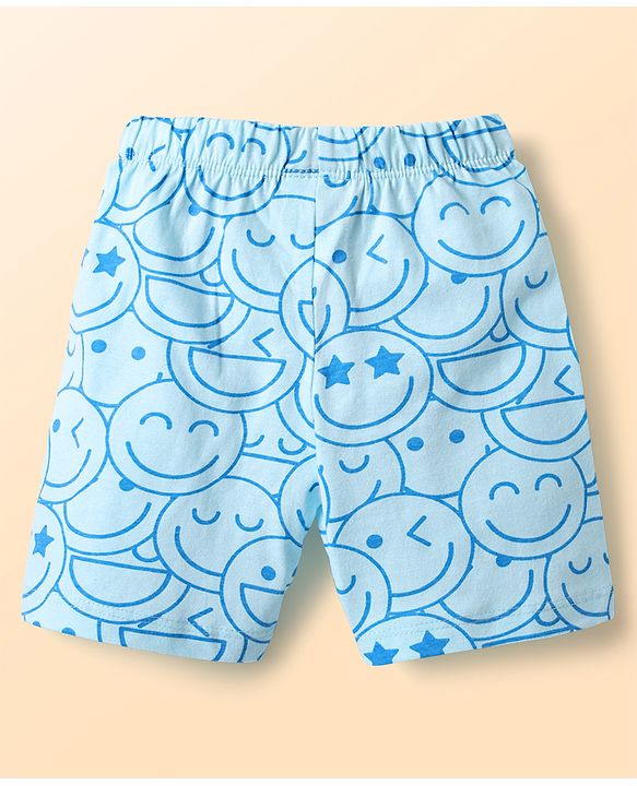 Babyhug Cotton Knit Half Sleeves Shorts Co-ord Night Suit With Smiley Print - Light Blue