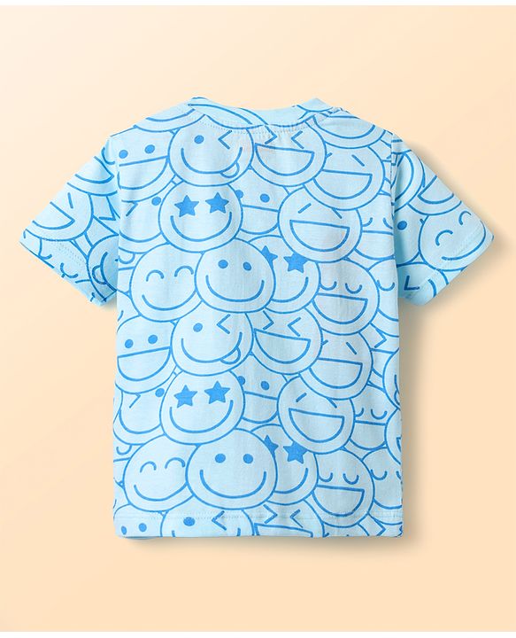 Babyhug Cotton Knit Half Sleeves Shorts Co-ord Night Suit With Smiley Print - Light Blue