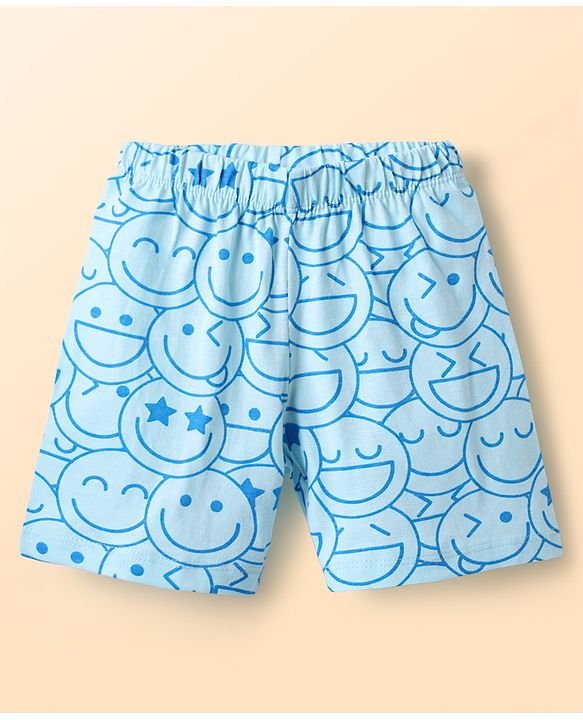 Babyhug Cotton Knit Half Sleeves Shorts Co-ord Night Suit With Smiley Print - Light Blue