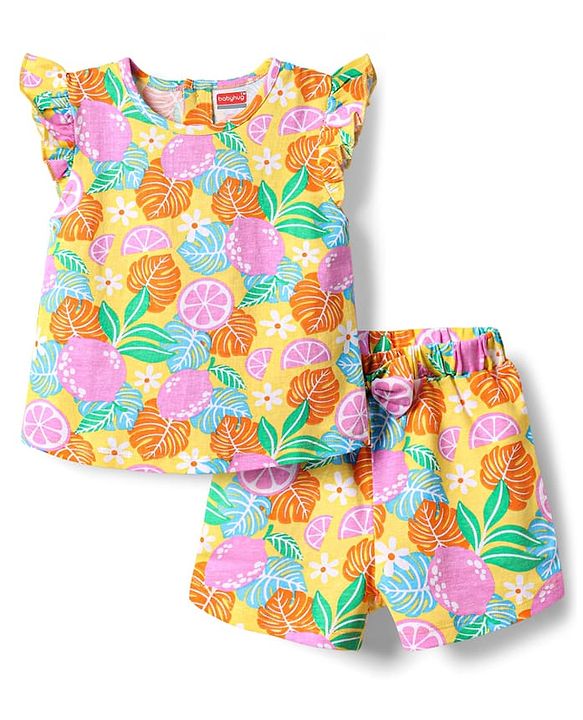 Babyhug Cotton Knit Frill Sleeves Shorts Night Suit With Tropical Theme Print - Multicolour