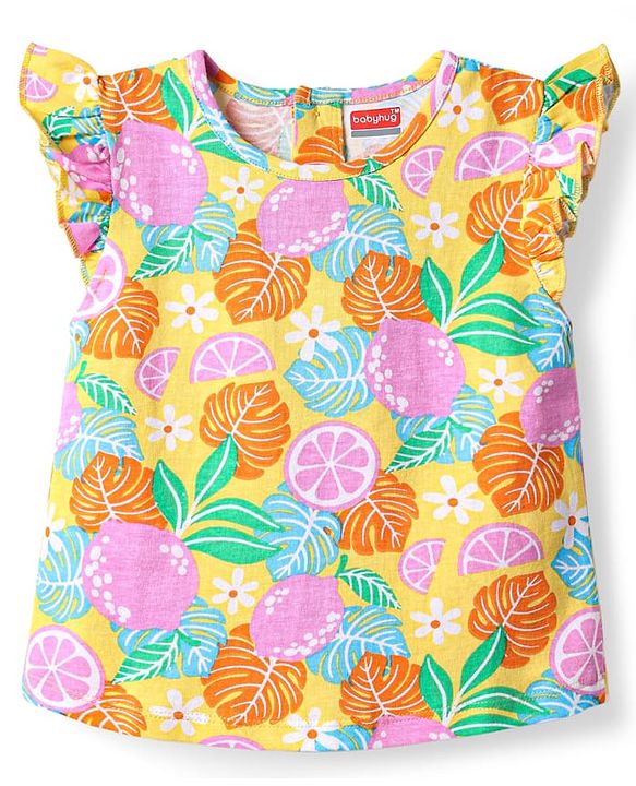 Babyhug Cotton Knit Frill Sleeves Shorts Night Suit With Tropical Theme Print - Multicolour