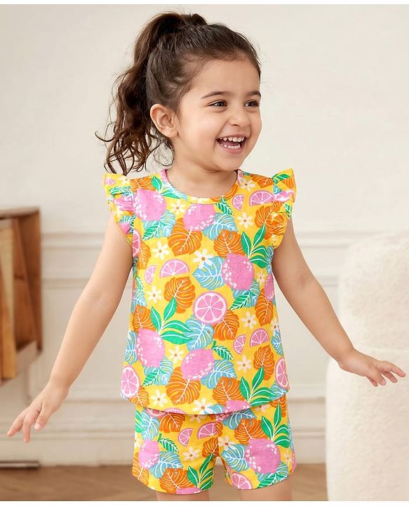 Babyhug Cotton Knit Frill Sleeves Shorts Night Suit With Tropical Theme Print - Multicolour