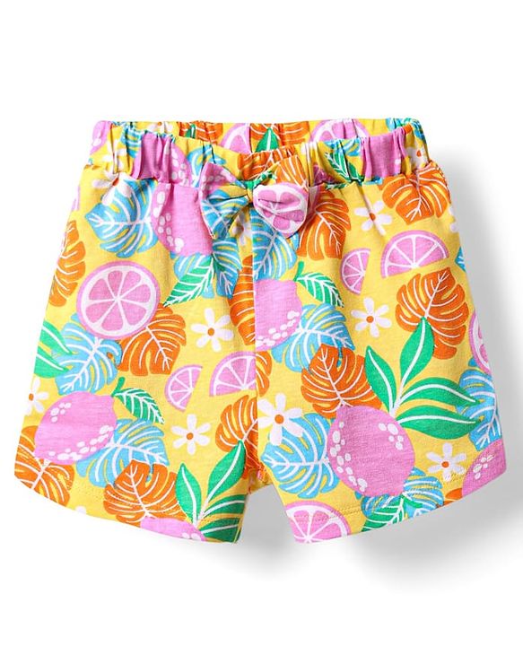 Babyhug Cotton Knit Frill Sleeves Shorts Night Suit With Tropical Theme Print - Multicolour