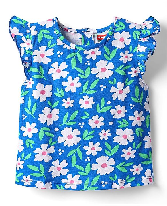 Babyhug Cotton Knit Frill Sleeves Shorts Night suit With Floral Print - Blue