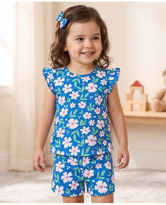 Babyhug Cotton Knit Frill Sleeves Shorts Night suit With Floral Print - Blue