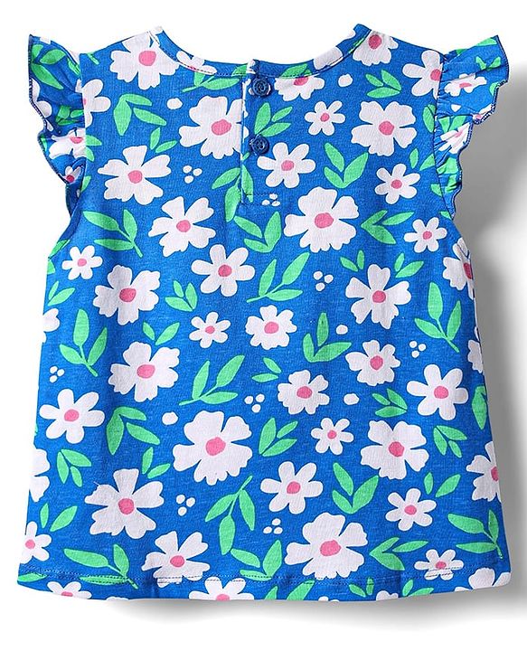 Babyhug Cotton Knit Frill Sleeves Shorts Night suit With Floral Print - Blue