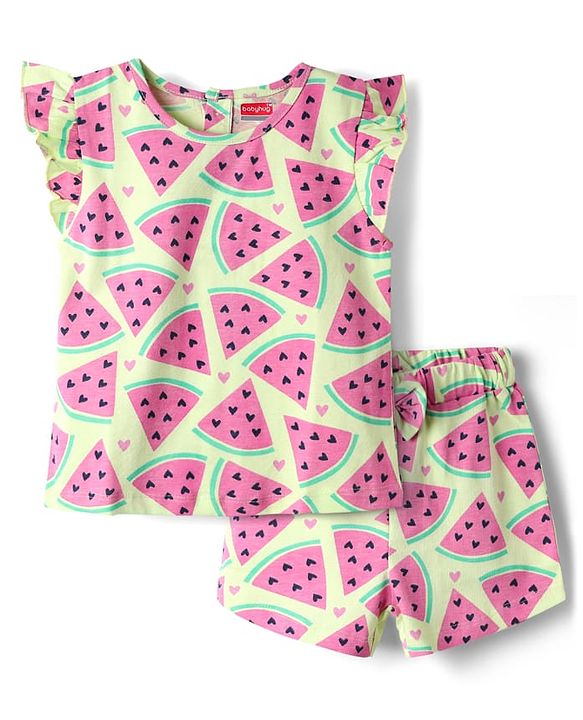 Babyhug Cotton Knit Frill Sleeves Co-ords Shorts Night Wear - Light Green