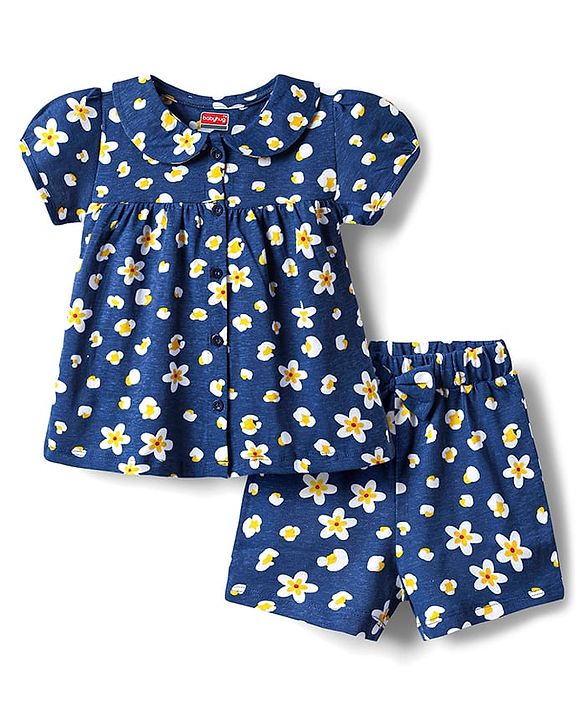 Babyhug 100% Cotton Knit Half Sleeves Co-ords Shorts Night Suit With Floral Print - Navy Blue