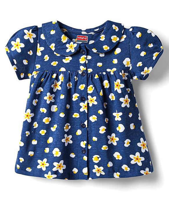 Babyhug 100% Cotton Knit Half Sleeves Co-ords Shorts Night Suit With Floral Print - Navy Blue