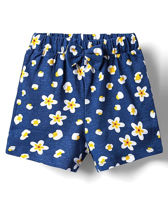 Babyhug 100% Cotton Knit Half Sleeves Co-ords Shorts Night Suit With Floral Print - Navy Blue