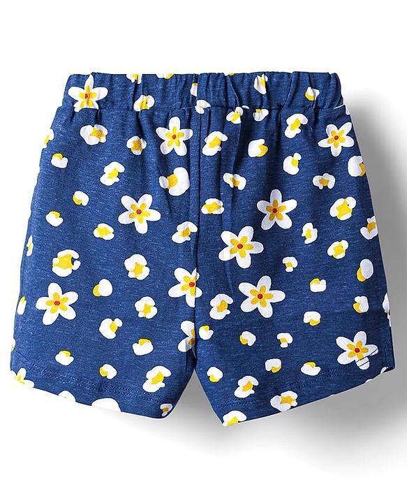 Babyhug 100% Cotton Knit Half Sleeves Co-ords Shorts Night Suit With Floral Print - Navy Blue