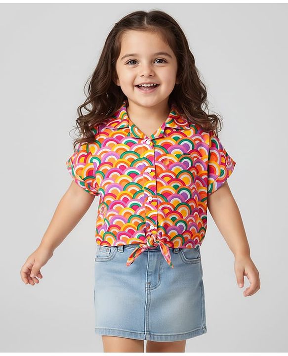 Babyhug Rayon Woven Half Sleeves Knotted Crop Top With Rainbow Print - Multicolor