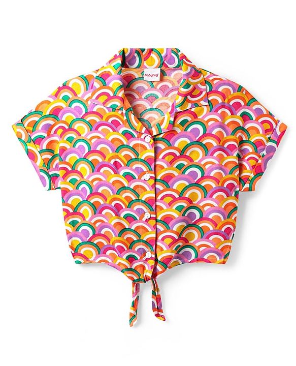 Babyhug Rayon Woven Half Sleeves Knotted Crop Top With Rainbow Print - Multicolor