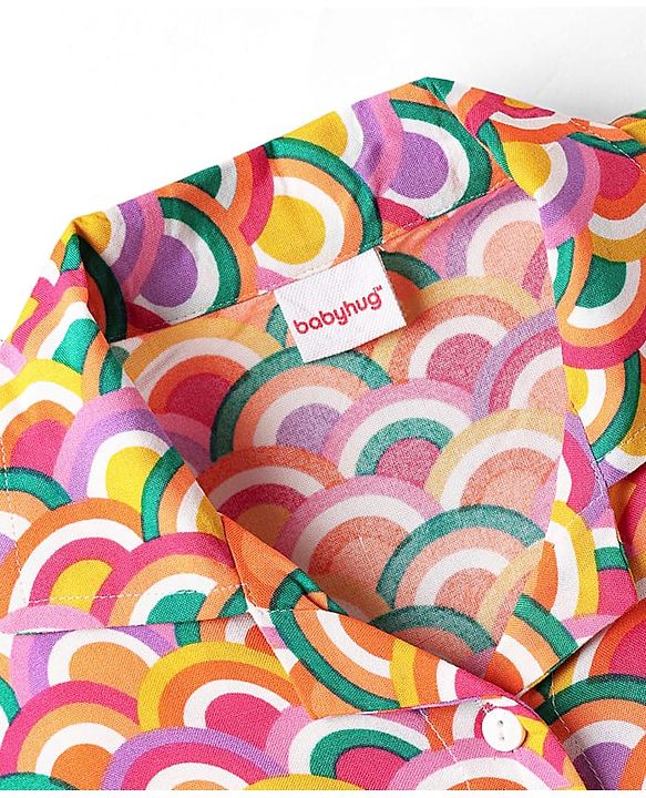 Babyhug Rayon Woven Half Sleeves Knotted Crop Top With Rainbow Print - Multicolor
