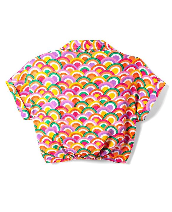 Babyhug Rayon Woven Half Sleeves Knotted Crop Top With Rainbow Print - Multicolor