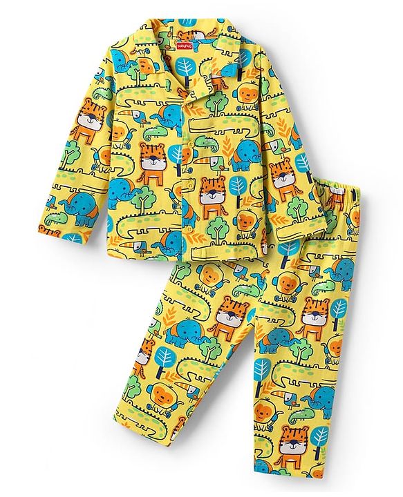 Babyhug Cotton Knit Full Sleeves Front Open Co-ords Night Suit with Jungle Theme Print - Yellow