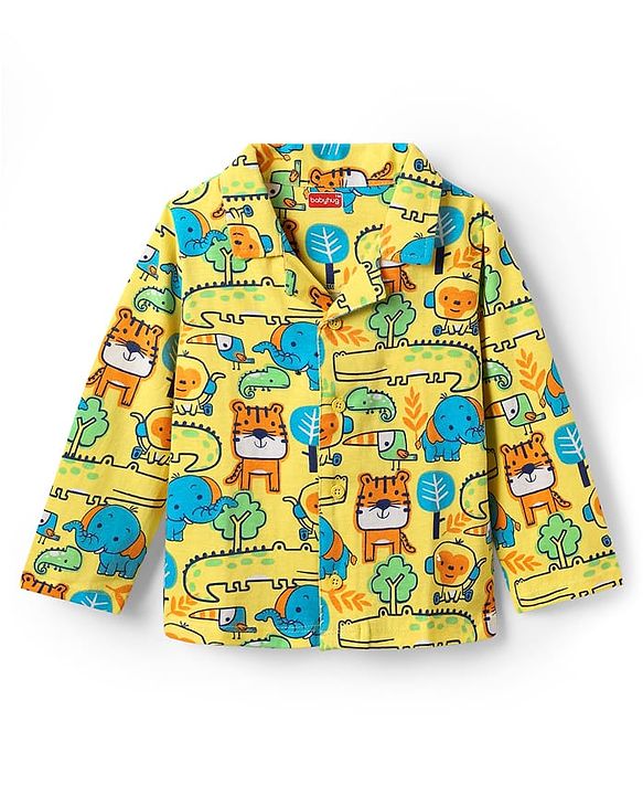 Babyhug Cotton Knit Full Sleeves Front Open Co-ords Night Suit with Jungle Theme Print - Yellow