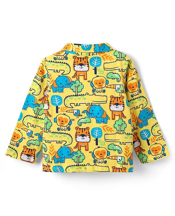 Babyhug Cotton Knit Full Sleeves Front Open Co-ords Night Suit with Jungle Theme Print - Yellow