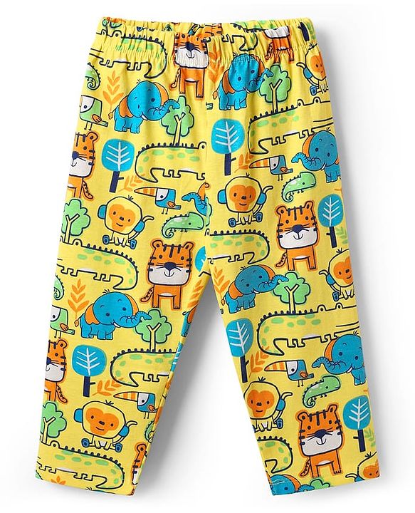 Babyhug Cotton Knit Full Sleeves Front Open Co-ords Night Suit with Jungle Theme Print - Yellow