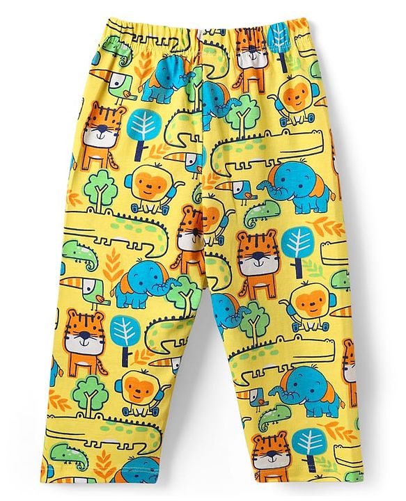 Babyhug Cotton Knit Full Sleeves Front Open Co-ords Night Suit with Jungle Theme Print - Yellow