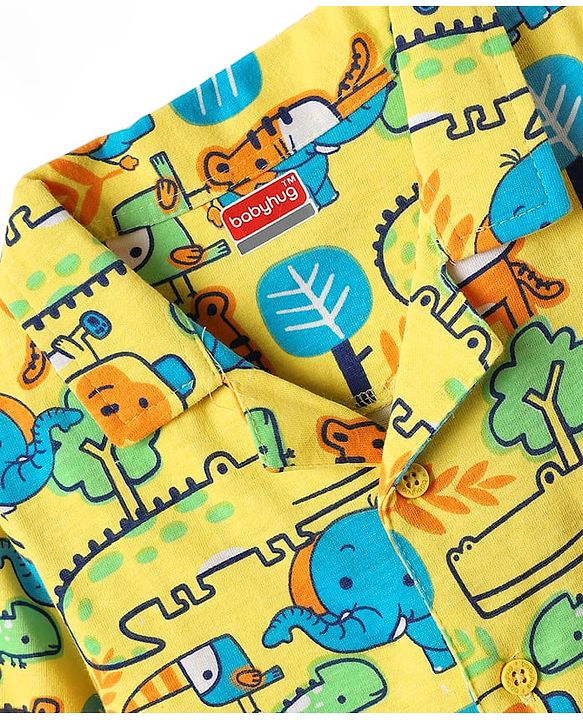 Babyhug Cotton Knit Full Sleeves Front Open Co-ords Night Suit with Jungle Theme Print - Yellow